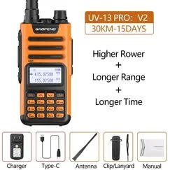 Baofeng UV-13 PRO V2 High Power Dual Band Walkie Talkie, Orange, Color: Orange
