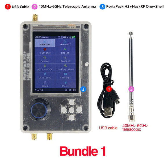Hackrf One R9 Bundle 1 V1.9.1 + Upgraded Portapack H2 SDR Software Defined Radio 1MHz-6GHz, Bundle: Bundle 1