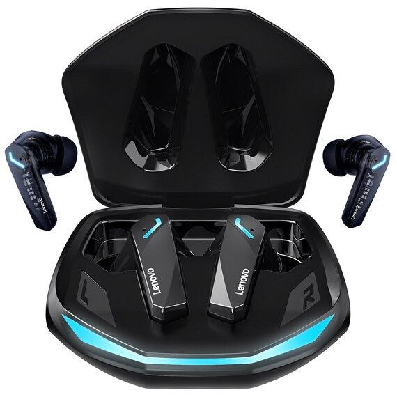 Lenovo GM2 PRO Headphones, Bluetooth 5.3, TWS, Gaming 9D Bass Surround, IPX5, Low Lag, LED, with microphone, Black/White, Color: Black